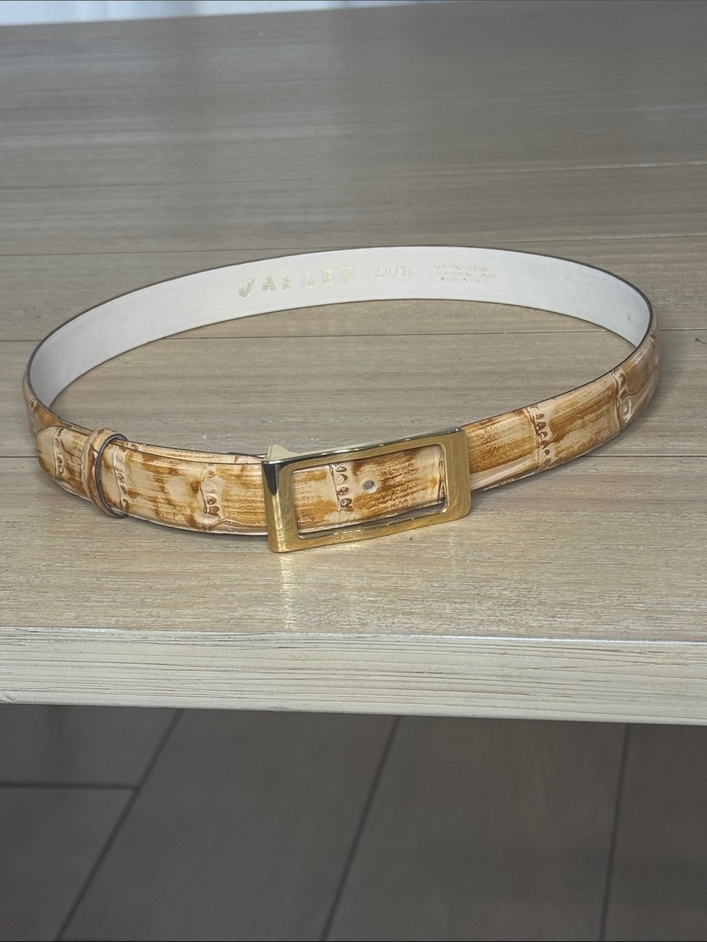 Jaeger Italy Genuine Leather Bamboo Print Belt Gold Buckle Size 30/76